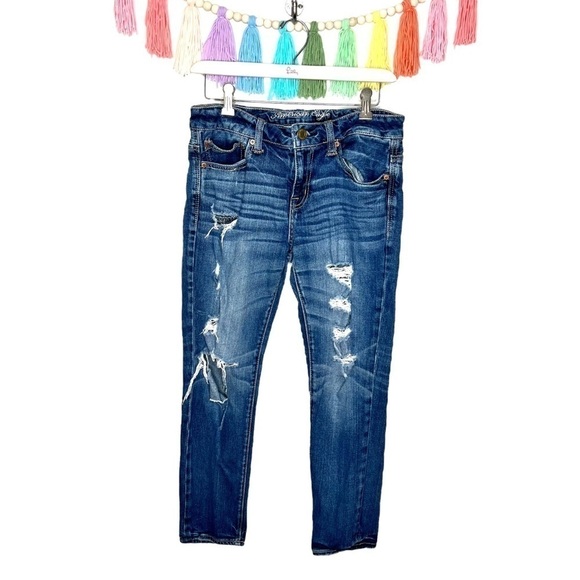 American Eagle AEO Y2K Distressed Grunge Frayed Slouchy Mid Rise Jeans Size 4 - Picture 2 of 16